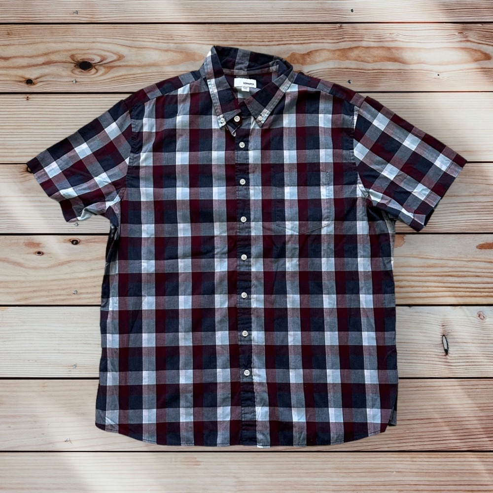 Men's Sonoma XXL Short Sleeve Maroon/Navy/White Plaid Casual Button Down Shirt